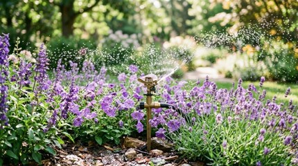 Fototapeta premium Garden sprinkler watering colorful purple flowers in blooming garden.