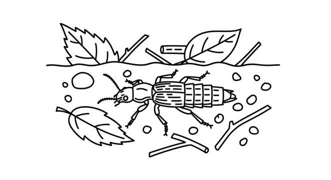 Line Art Illustration of a Thrips Insect in Soil with Leaves and Twigs