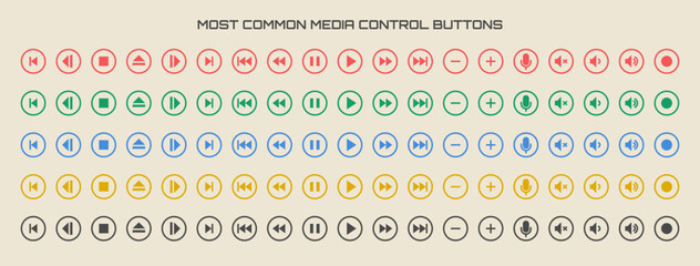 a set of most common media control buttons and signs. © Hesi