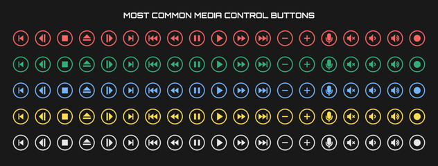 a set of most common media control buttons and signs. © Hesi
