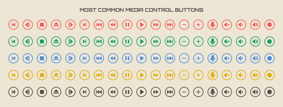 a set of most common media control buttons and signs.