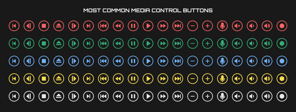 a set of most common media control buttons and signs.