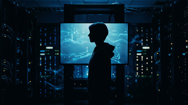 A shadowy figure overseeing complex digital data in a secure server room, symbolizing advanced technology, cybersecurity, and the future of information management