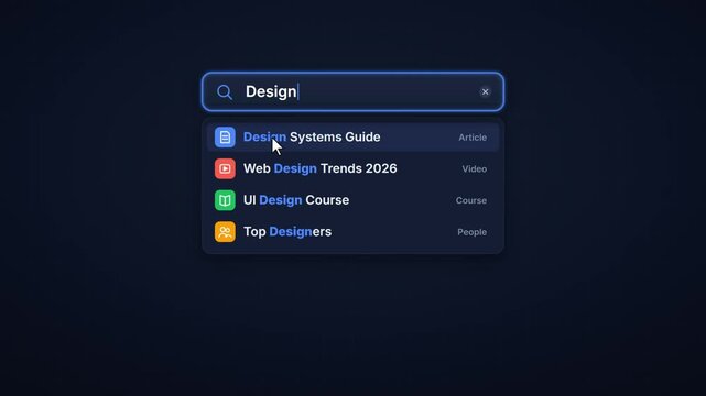 Animated search bar interface with typing query and autocomplete dropdown result suggestions