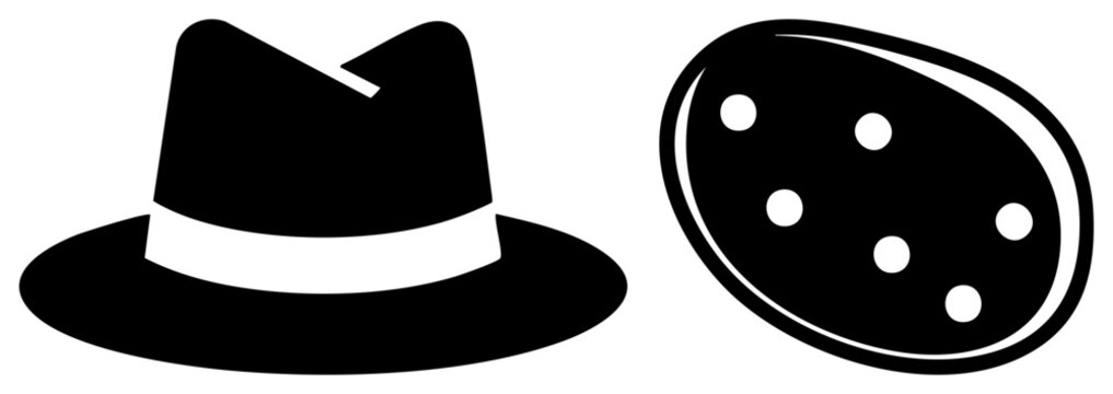 Classic fedora or trilby hat paired with a unique spotted object, perhaps a pebble or seed. This minimalist silhouette set features a brimmed headpiece and a polka dot disk.