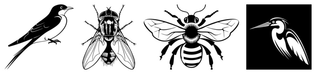 Fototapeta premium This collection showcases a songbird, a common housefly, a honeybee, and a graceful heron. These winged creatures are rendered in a sharp silhouette style with clean and high contrast.