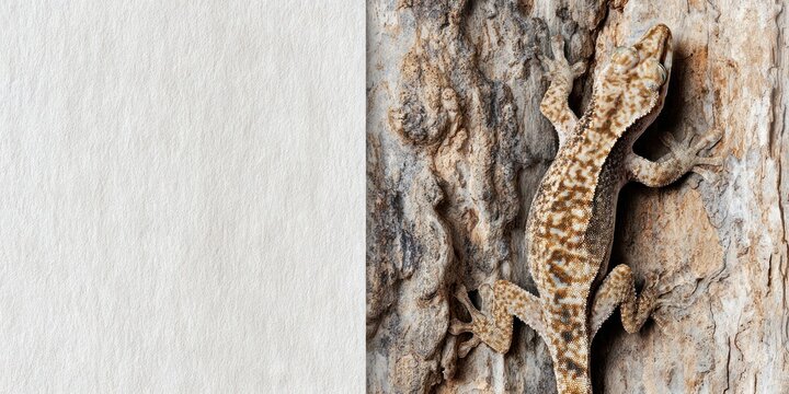 Gecko perched on tree bark with white background for copy space