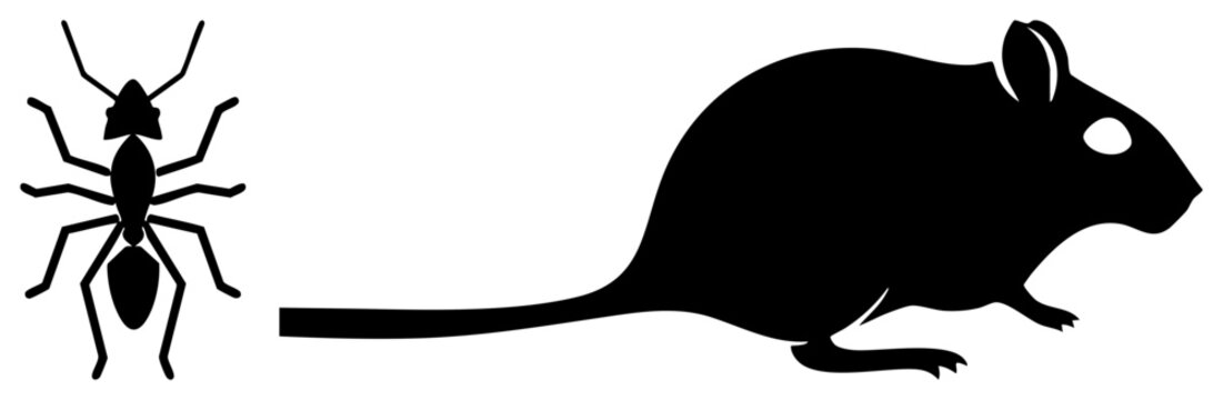 This minimalist graphic features a small field mouse, also known as a wood mouse, positioned next to a tiny little ant or bug. The duo is rendered in a clean solid black silhouette style.