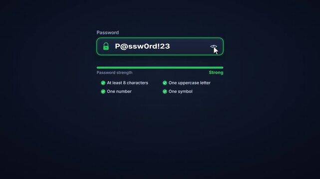Animated password input field with strength meter and requirement checklist for secure account