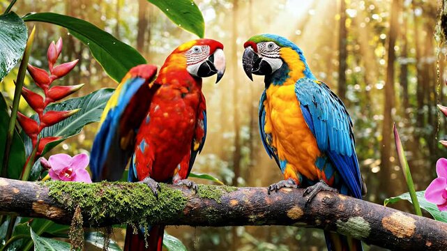 Two colorful parrots perch on a mossy branch in a vibrant rainforest