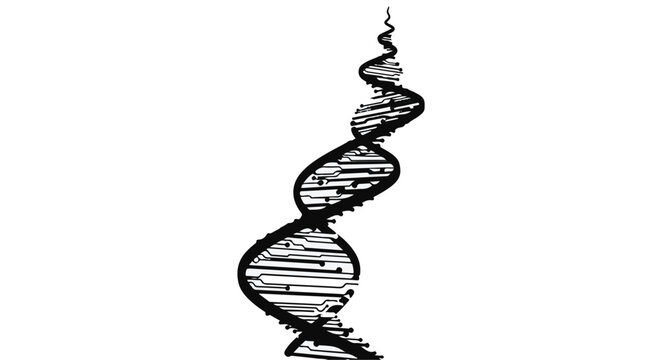 Abstract illustration depicts a black and white DNA strand with a textured, linear pattern, spiraling upwards against a clean white background.