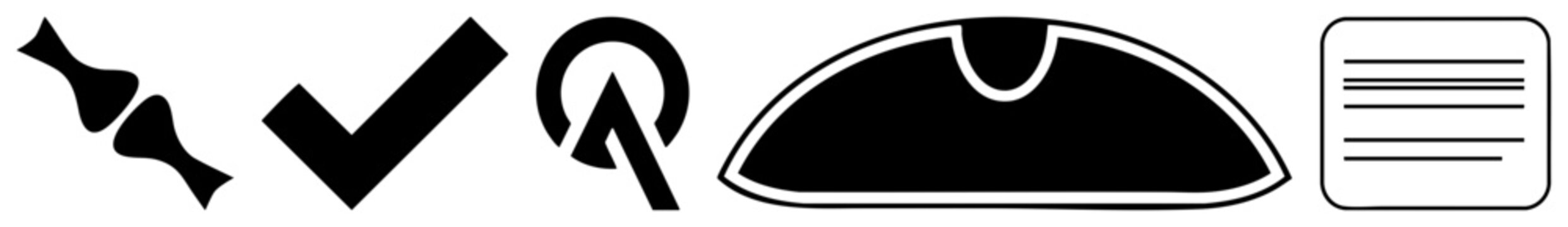 Collection of essential UI elements featuring a checkmark, a stylized letter A, and a document symbol. These black glyphs and signet marks provide clean visual cues for interface design.