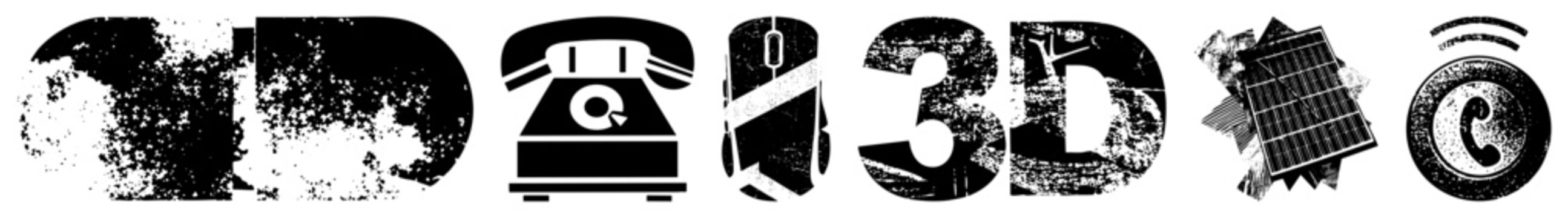 Collection of gritty halftone elements featuring an old rotary phone, a computer mouse, and solar panels. These textured stencils, including a classic dialer and sun catcher, offer a raw aesthetic.