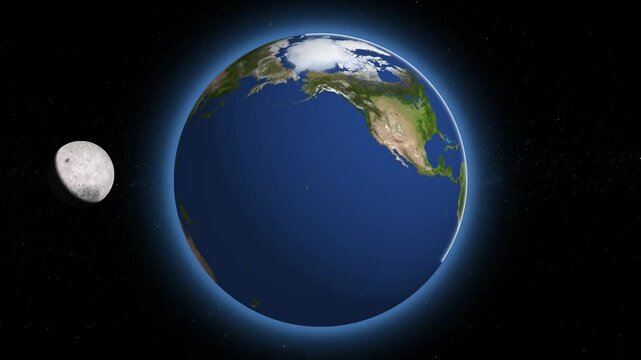 Realistic planet earth rotating in space with moon orbiting around globe on starry black background