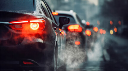 Naklejka premium A rainy evening traffic jam with cars brake lights glowing and mist rising in a cold urban street creating a moody and atmospheric scene of congestion