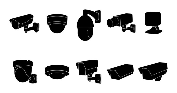 Security Camera Icons Set, Surveillance Camera System Collection