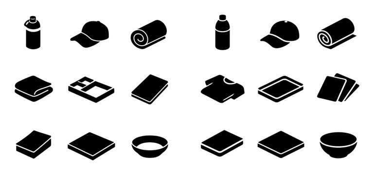 clothing and hygiene design icons with towel, cap and bowl for presentation design in solid icons