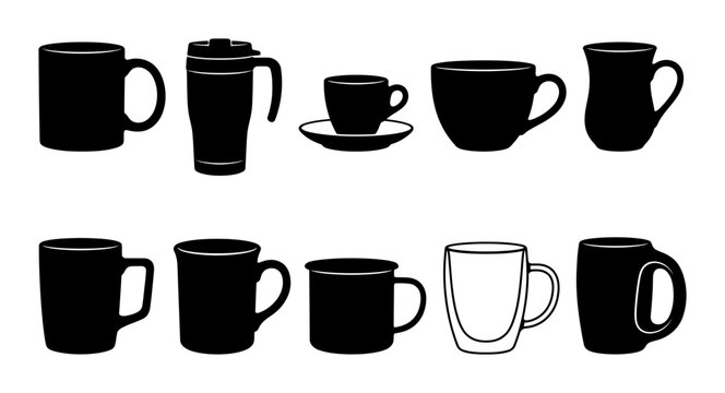 Collection of Various Black Coffee Mugs and Cups Silhouette