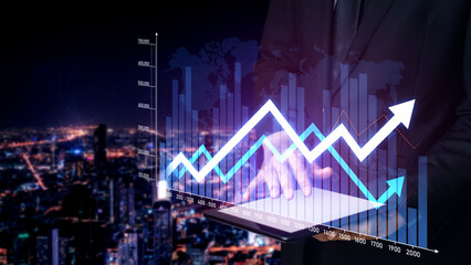 Naklejka premium A businessman reviews financial data on a tablet, surrounded by urban city lights. Graphs display growth trends, signifying ambition and analytical success. Scalp