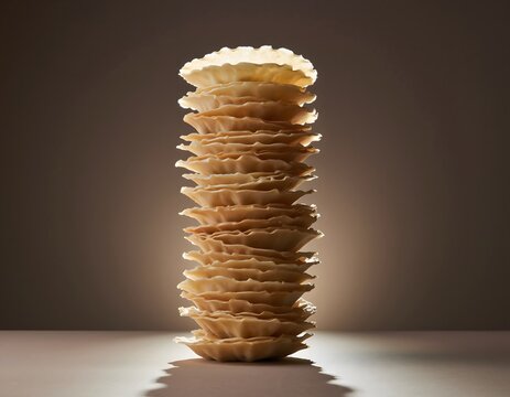 Minimalistic studio food photography showcasing a tall stack of delicate, crispy emping melinjo crackers, artfully arranged on a plain surface with dramatic lighting