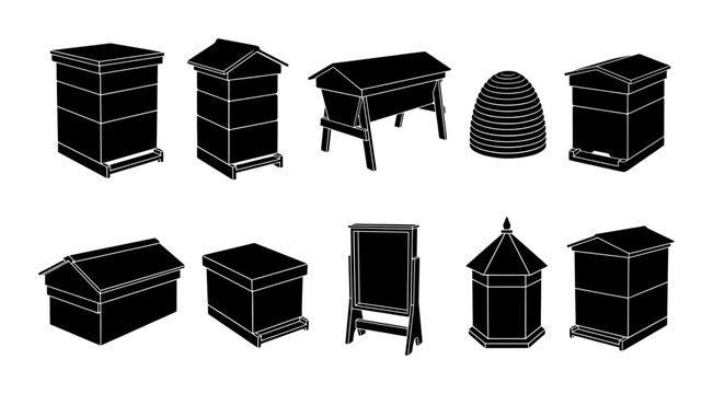 Collection of Various Beehive Silhouettes Isolated on White Background