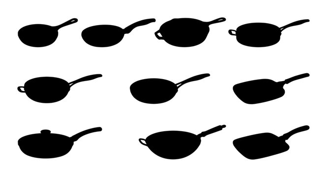 Set of various frying pans and skillets silhouette icons