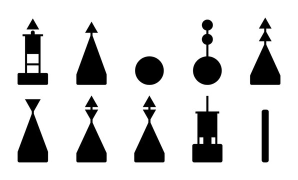 Set of nautical navigation buoy symbols for marine signaling