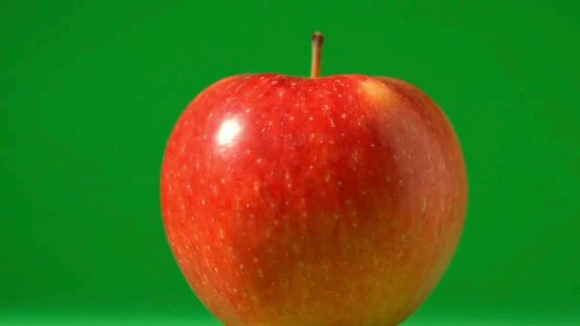 A vibrant fresh red apple with a stem isolated against a bright green background perfect for healthy eating nutrition and food photography concepts