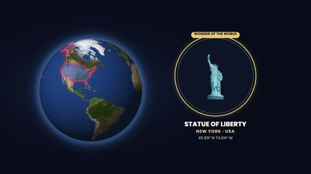 Animated world wonder infographic template with rotating earth globe landmark badge and location