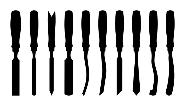 Collection of Silhouette Woodworking Chisels on White Background