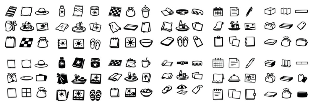 Beach and travel icon set with hat flip flop sunscreen for mobile app design in minimal vector art