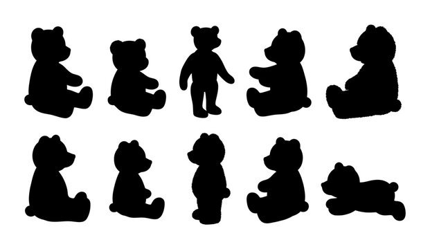 Cute teddy bear silhouettes in various poses on white background