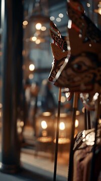 Javanese leather shadow puppets exhibited in a dim room with cinematic warm bokeh lighting