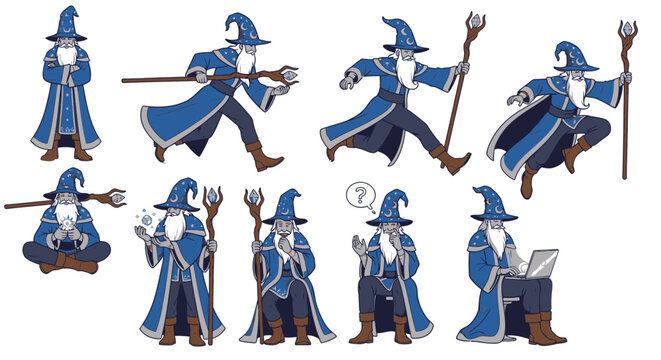 Blue wizard mage character performing magic and daily tasks.