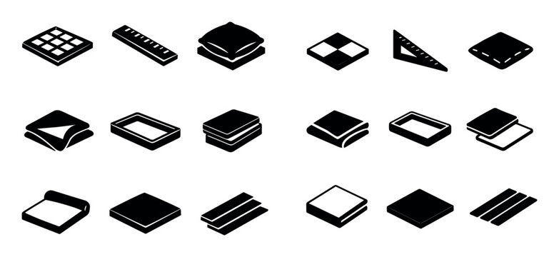 Fabric material and textile design icons with ruler, folded cloth and square patches for web design in black solid style