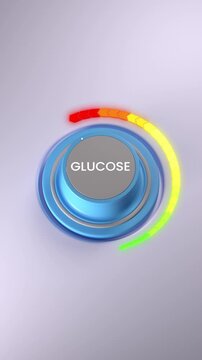 Animated gauge tracks glucose level climbing to HIGH then returning to LOW. Green-to-red gradient scale with LOW and HIGH labels. Vertical format.

