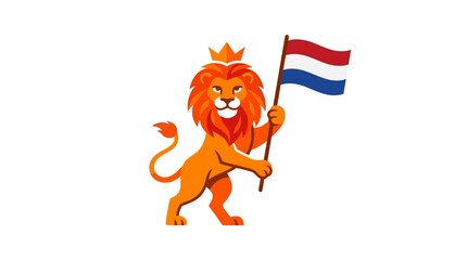 Dynamic illustration of a regal orange lion mascot, crowned and confidently holding a vibrant national flag with red, white, and blue stripes, symbolizing pride and heritage © Lariss