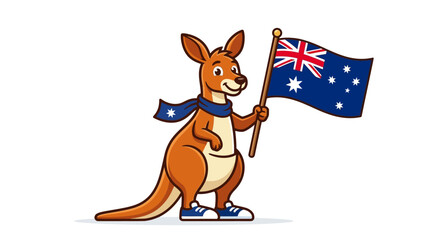 Obraz premium Australian Kangaroo Mascot Happily Waves the Flag of Australia in Celebration