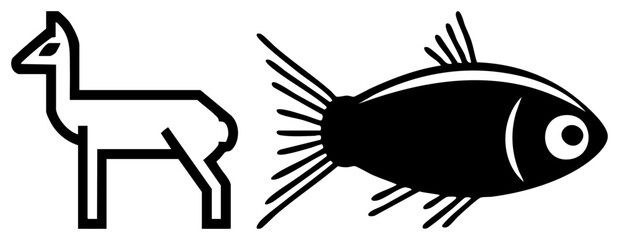 Obraz premium Simple duo of a llama, also known as a guanaco, alongside a sleek fish or creature. These graphics use bold black strokes to create a clean, contemporary aesthetic.