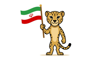 Friendly cartoon cheetah mascot proudly holding an Iranian national flag, symbolizing pride, speed, and cultural identity for sports, events, or national celebrations © Lariss