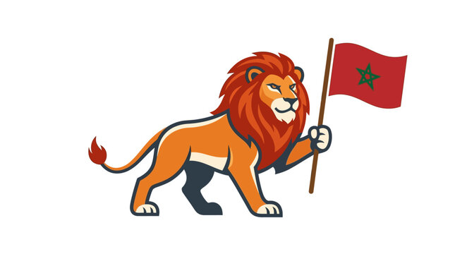 Majestic Lion Symbolizing Morocco's Spirit Holding the National Flag with Pride