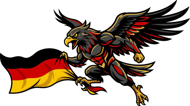 Dynamic eagle mascot powerfully grips the German national flag, a vibrant symbol of national pride and strength, perfect for sports events and patriotic themes