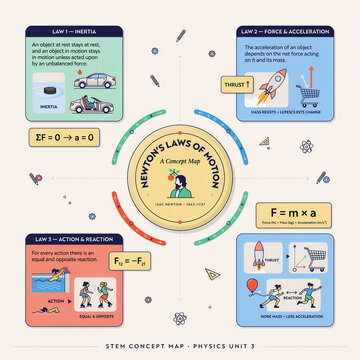 Advanced STEM infographic concept map of Newton&rsquo;s Laws of Motion, linking inertia, force, acceleration, and action-reaction pairs with formulas, diagrams, and labeled examples.
Key Formulas:
First Law