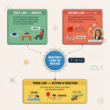 Advanced STEM infographic concept map of Newton&rsquo;s Laws of Motion, linking inertia, force, acceleration, and action-reaction pairs with formulas, diagrams, and labeled examples.
Key Formulas:
First Law