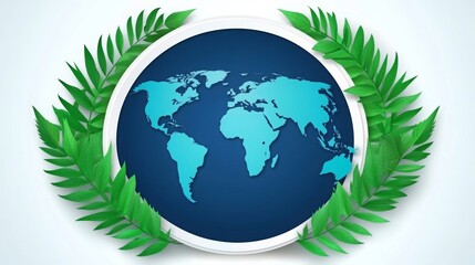 Obraz premium A blue world map is displayed within a circular frame surrounded by vibrant green tropical leaves, symbolizing global sustainability, environmental protection, ecological awareness, and planetary care