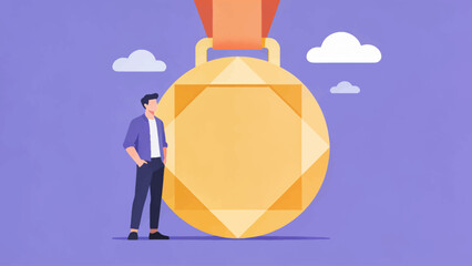 A man stands proudly beside a large golden medal, symbolizing achievement, success, and recognition in a stylized illustration © MuhammadHaris