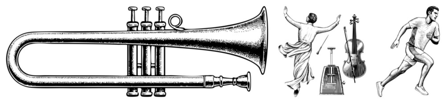 Detailed engraving featuring a classic brass horn, a dancing performer in flowing robes, and a sprinting man. This collection of art includes a musical bugle and a cellist silhouette.