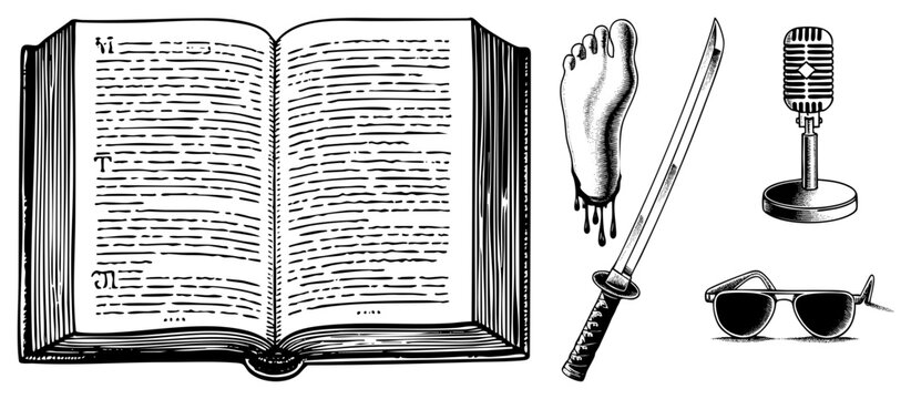 Hand drawn woodcut elements featuring an open tome, sharp ninjato, severed foot, and classic radio mic. This vintage ink set includes cool shades for a complete retro vibe.