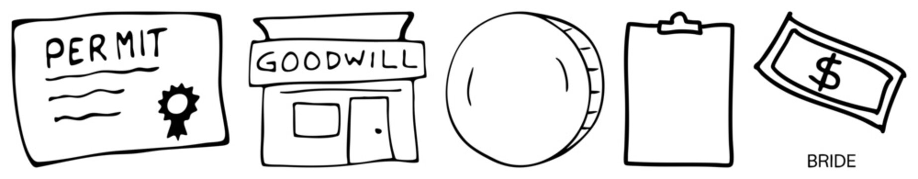 Sketchy art featuring a permit certificate, goodwill storefront, round coin, clipboard, and dollar bill. These doodle assets include a paper banknote and various office supplies.