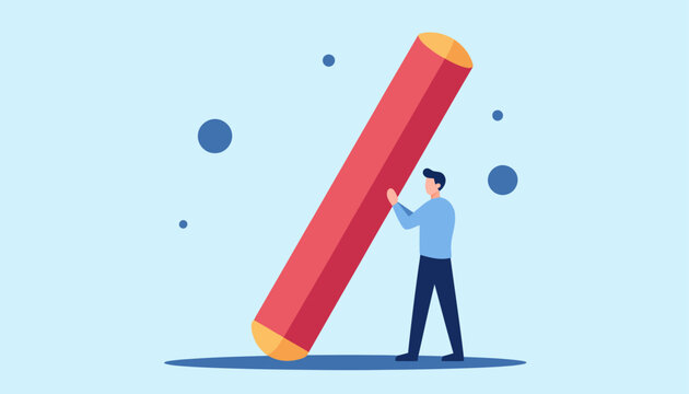 Dedicated person pushing a giant red pencil, symbolizing the considerable effort and focus needed for creative projects, academic work, or overcoming large-scale challenges